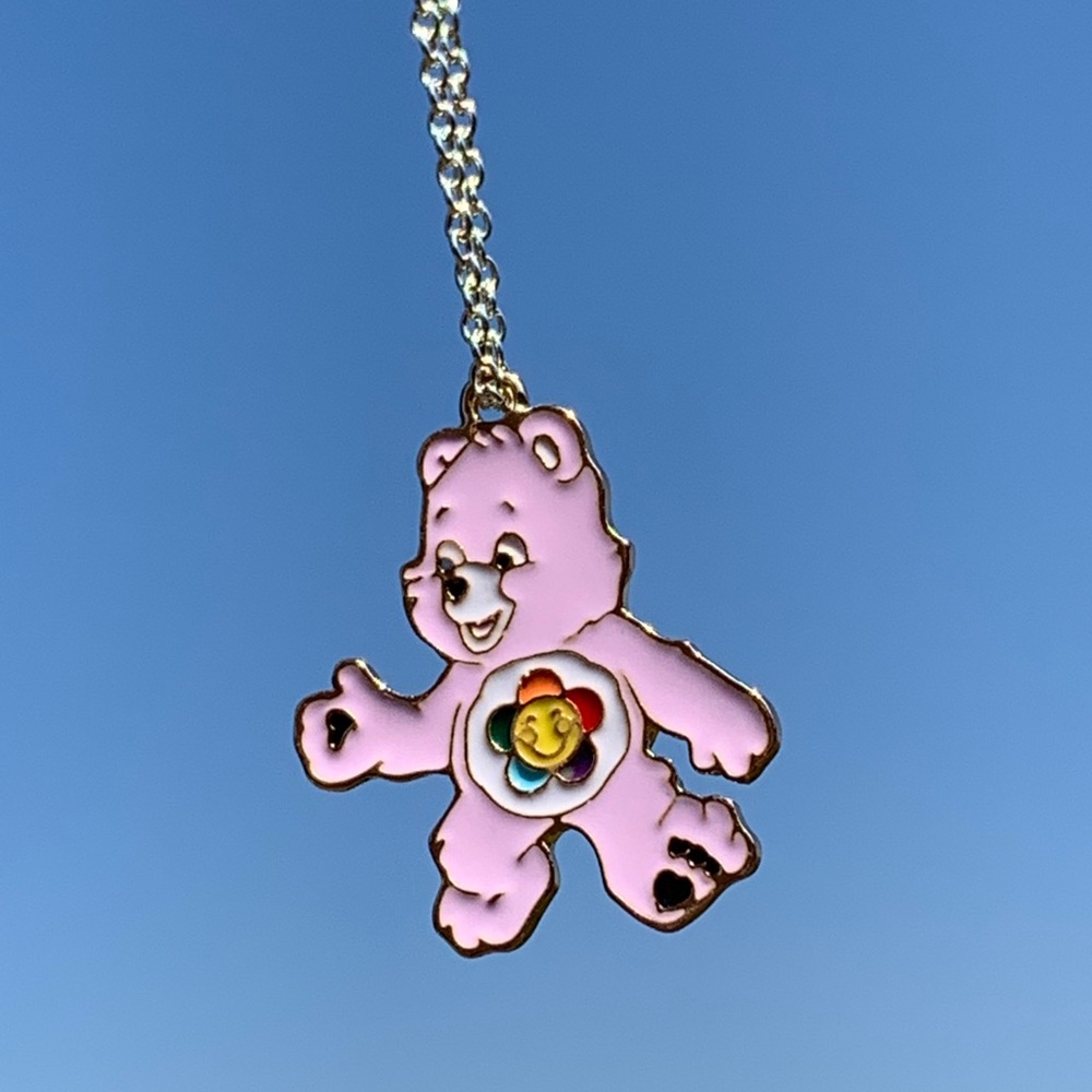 Light Purple Flower Care Bear Silver Necklace
